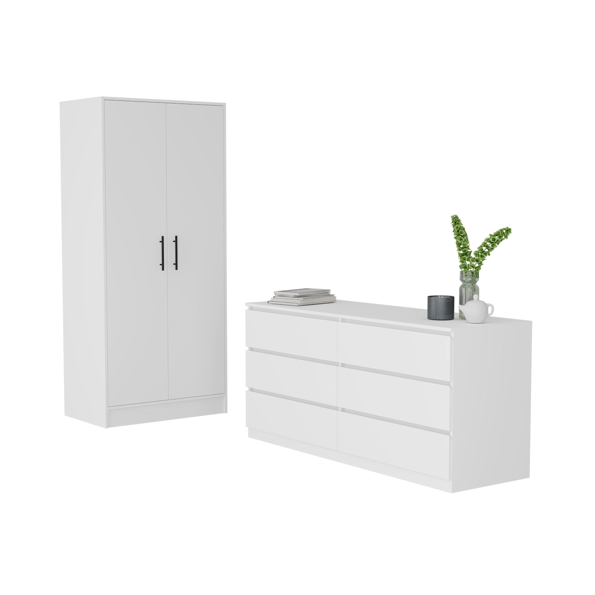 Quincy White Dresser - 6 Drawers, Hanging Rod for Bedroom