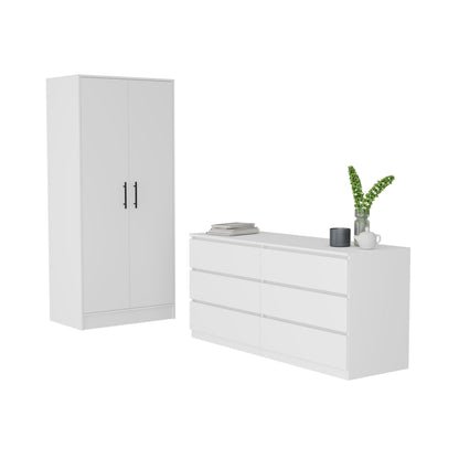 Quincy White Dresser - 6 Drawers, Hanging Rod for Bedroom