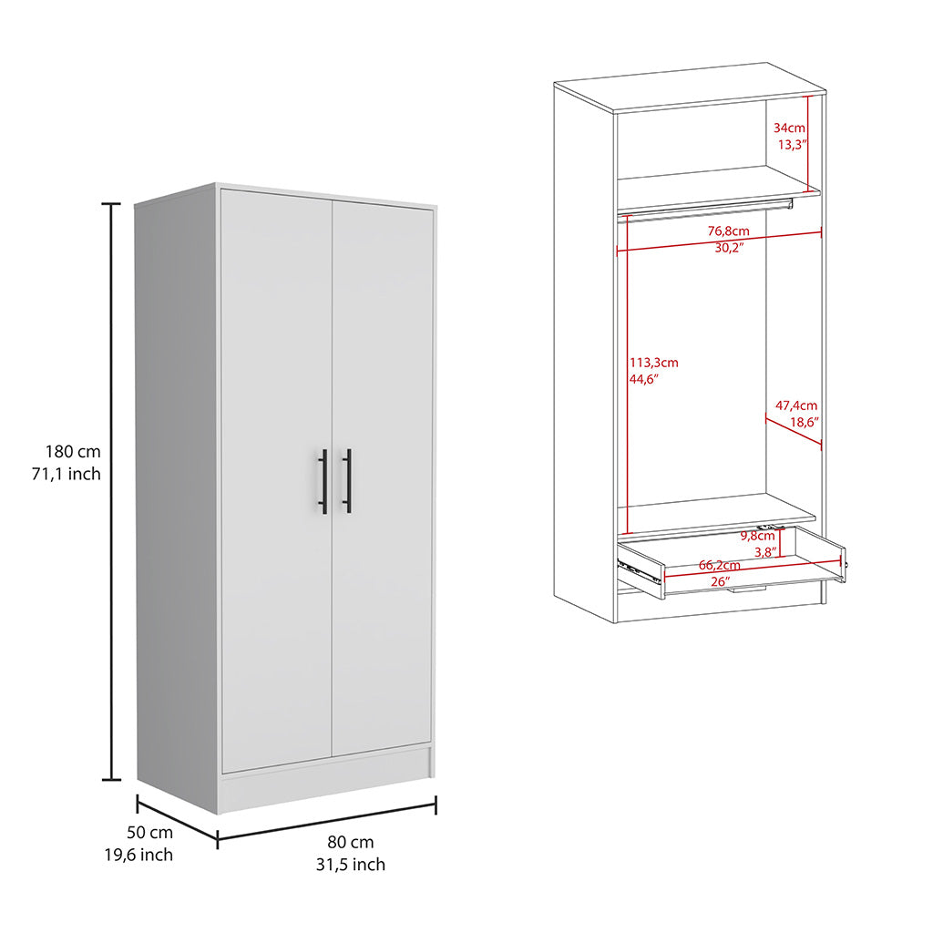 Quincy White Dresser - 6 Drawers, Hanging Rod for Bedroom