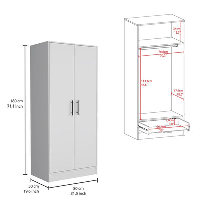 Quincy White Dresser - 6 Drawers, Hanging Rod for Bedroom