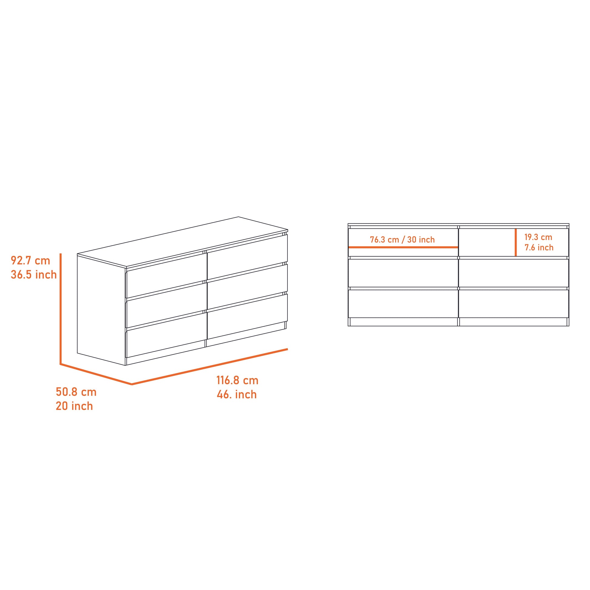 Quincy White Dresser - 6 Drawers, Hanging Rod for Bedroom