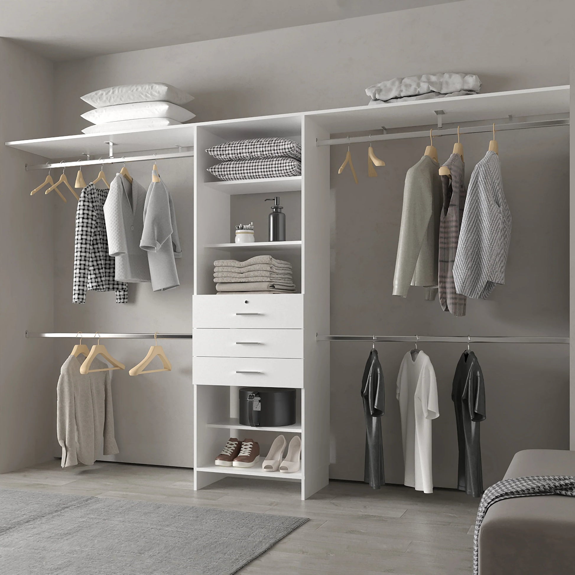 White Modular Closet Organizer System with Hanging Rods