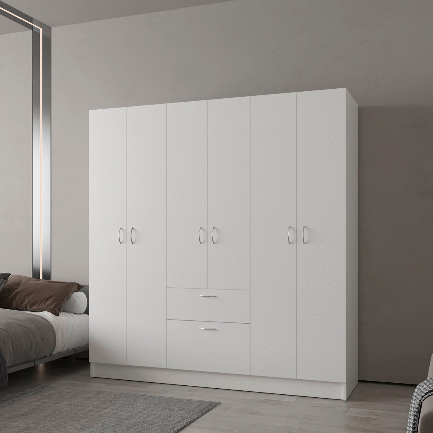 White 6-Door Wardrobe with Shelf and Drawer