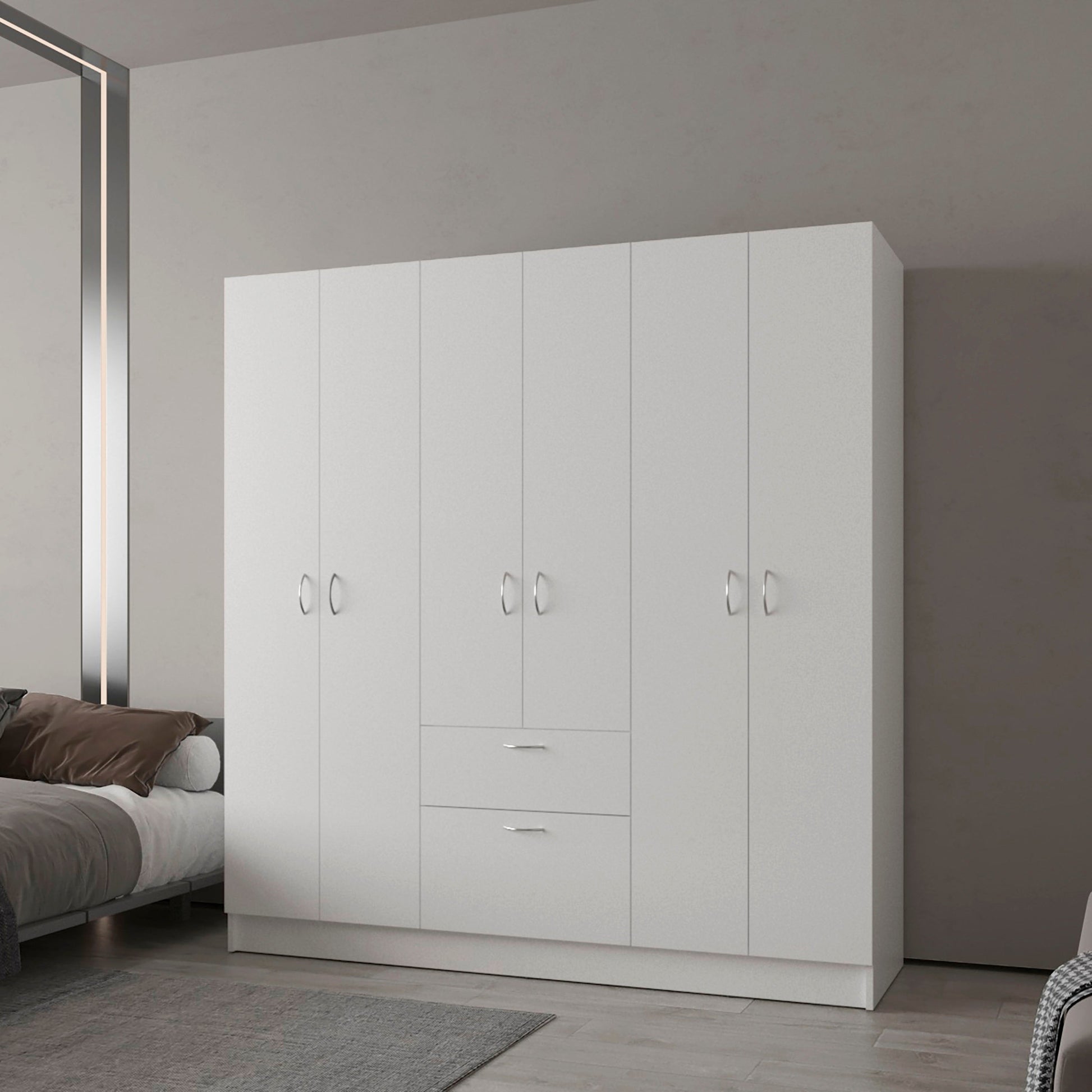 White 6-Door Wardrobe with Shelf and Drawer