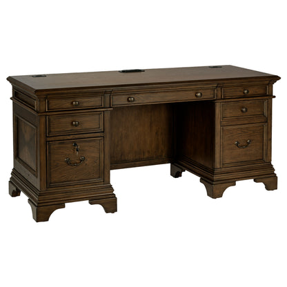 Stigham Burnish Oak 5-Drawer Credenza Office Desk - Solid Wood MDF