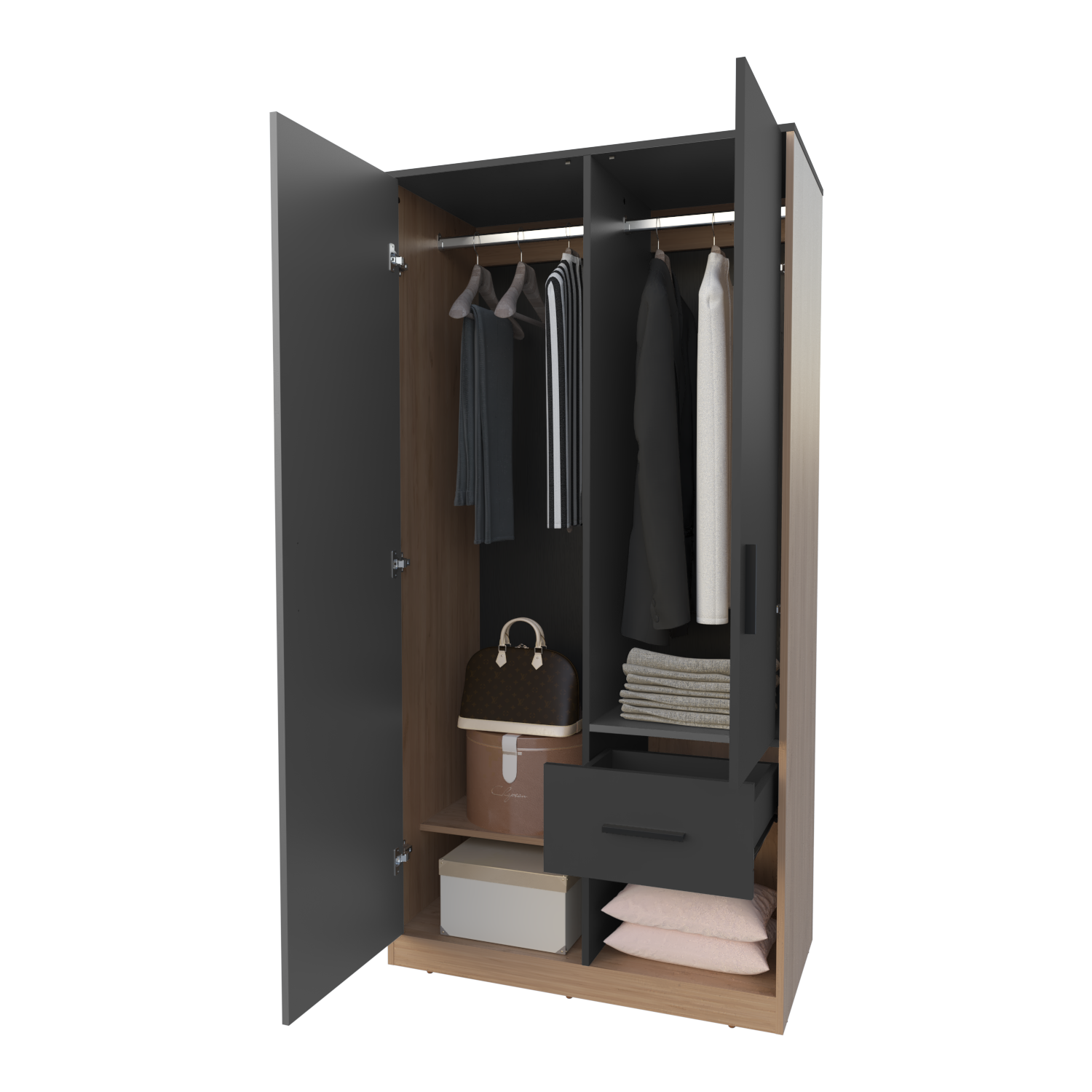 Matt Grey & Natural Oak 2-Door Wardrobe - Stylish Bedroom Storage