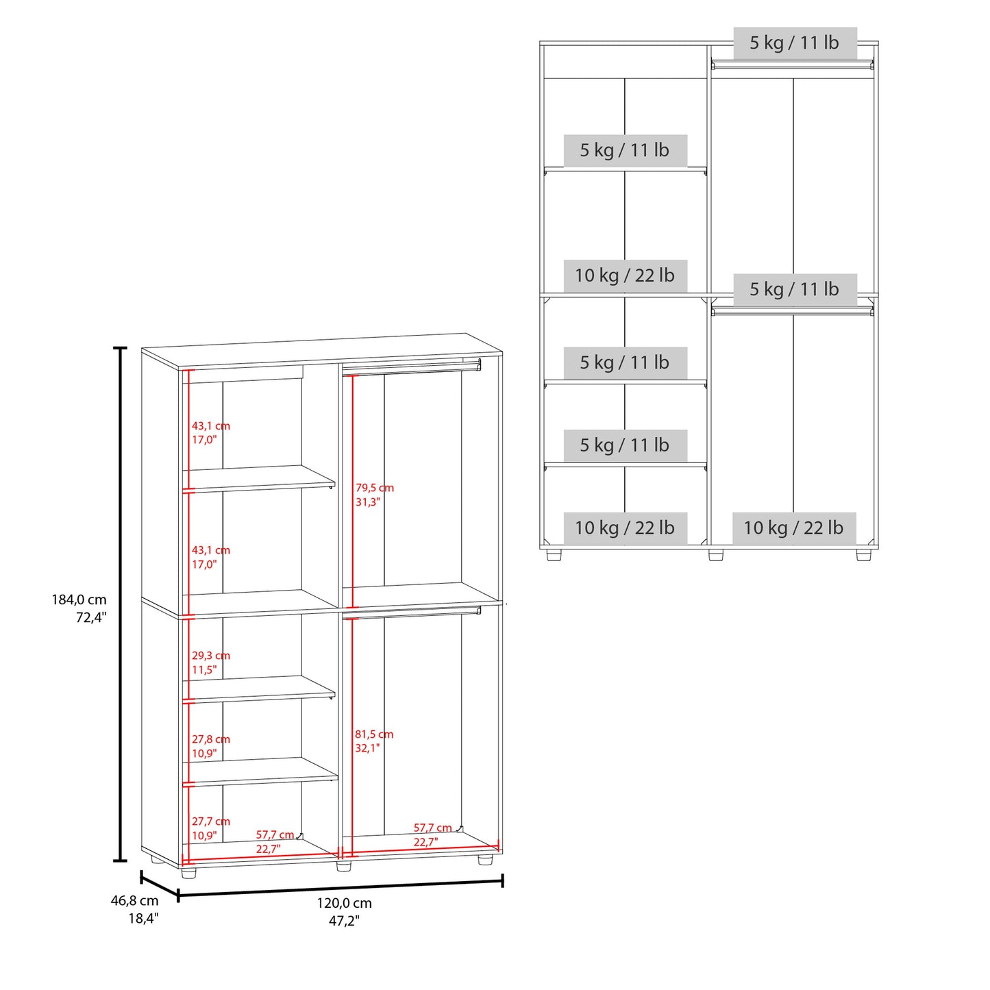 Wenge 2-Door Bedroom Wardrobe - 47.2" x 18.4"