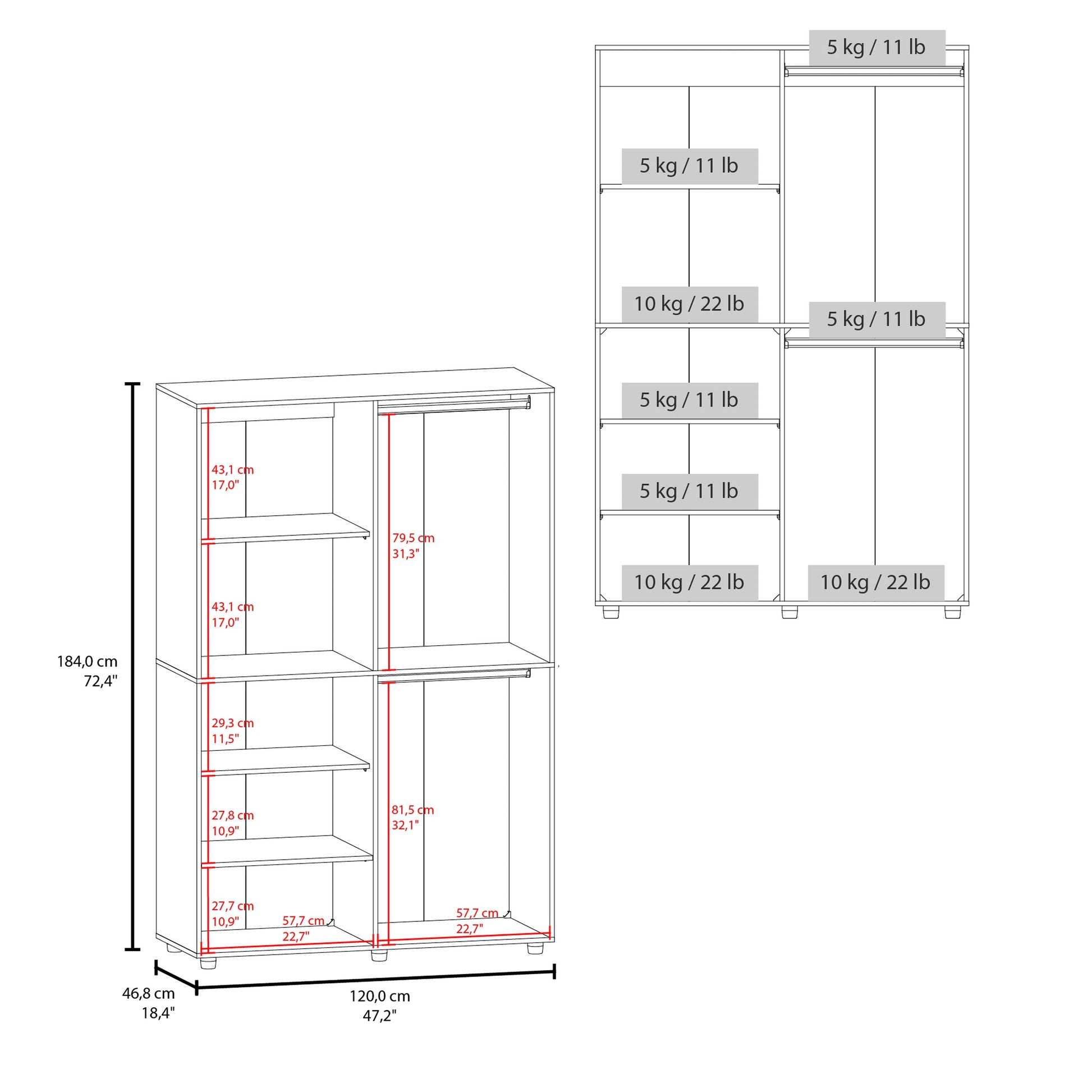 Wenge 2-Door Bedroom Wardrobe - 47.2" x 18.4"