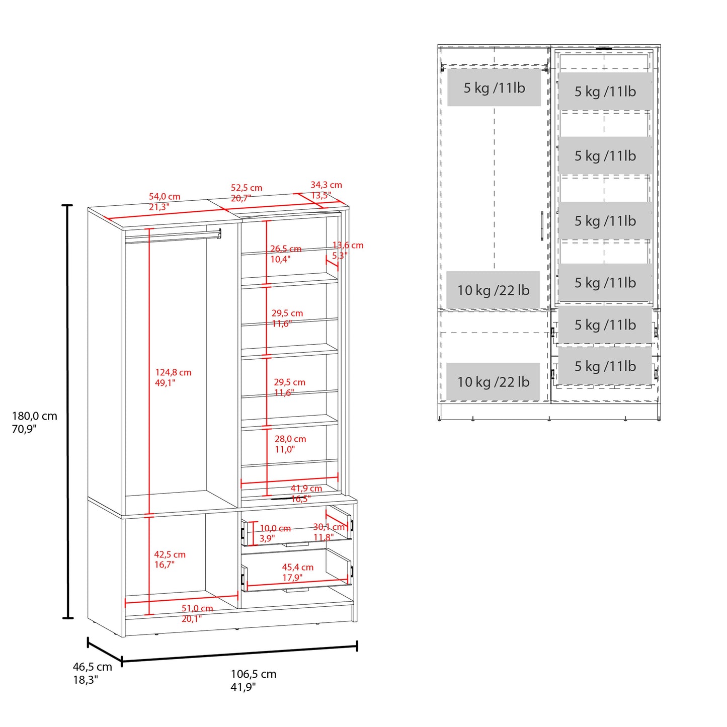 White Bedroom Armoire Wardrobe - 41.9" Wide