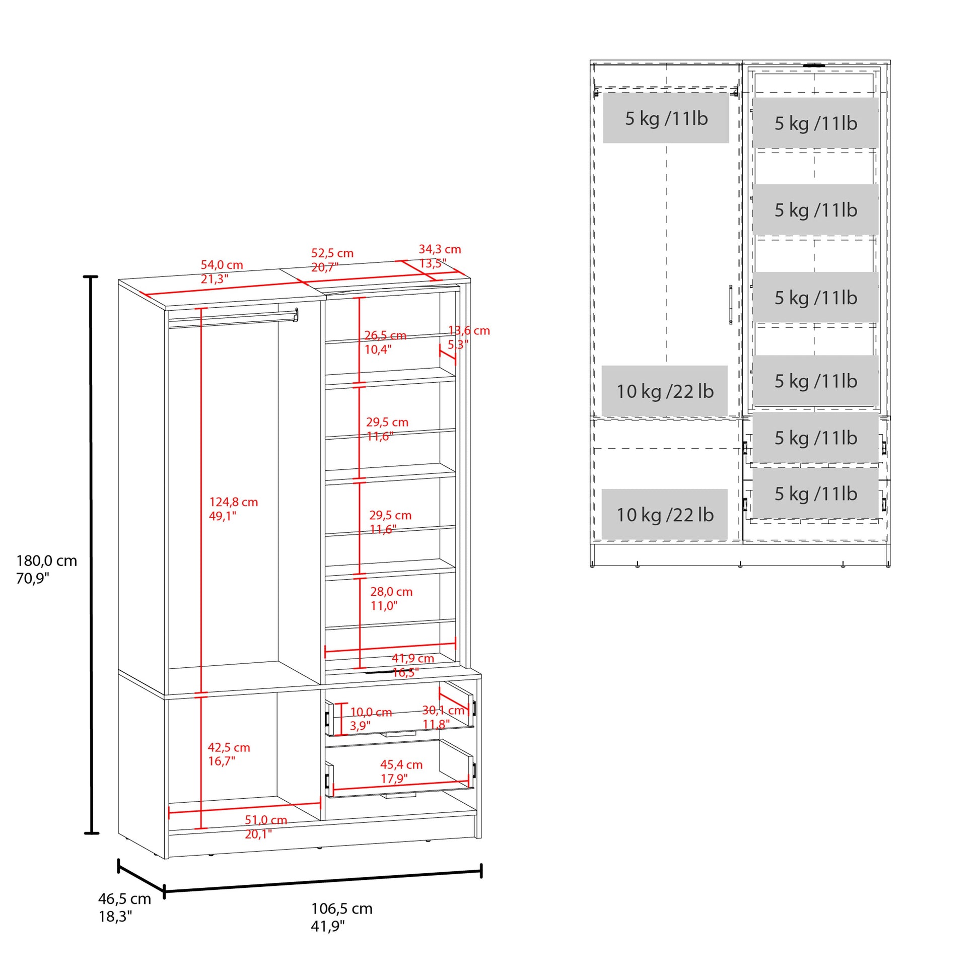 White Bedroom Armoire Wardrobe - 41.9" Wide