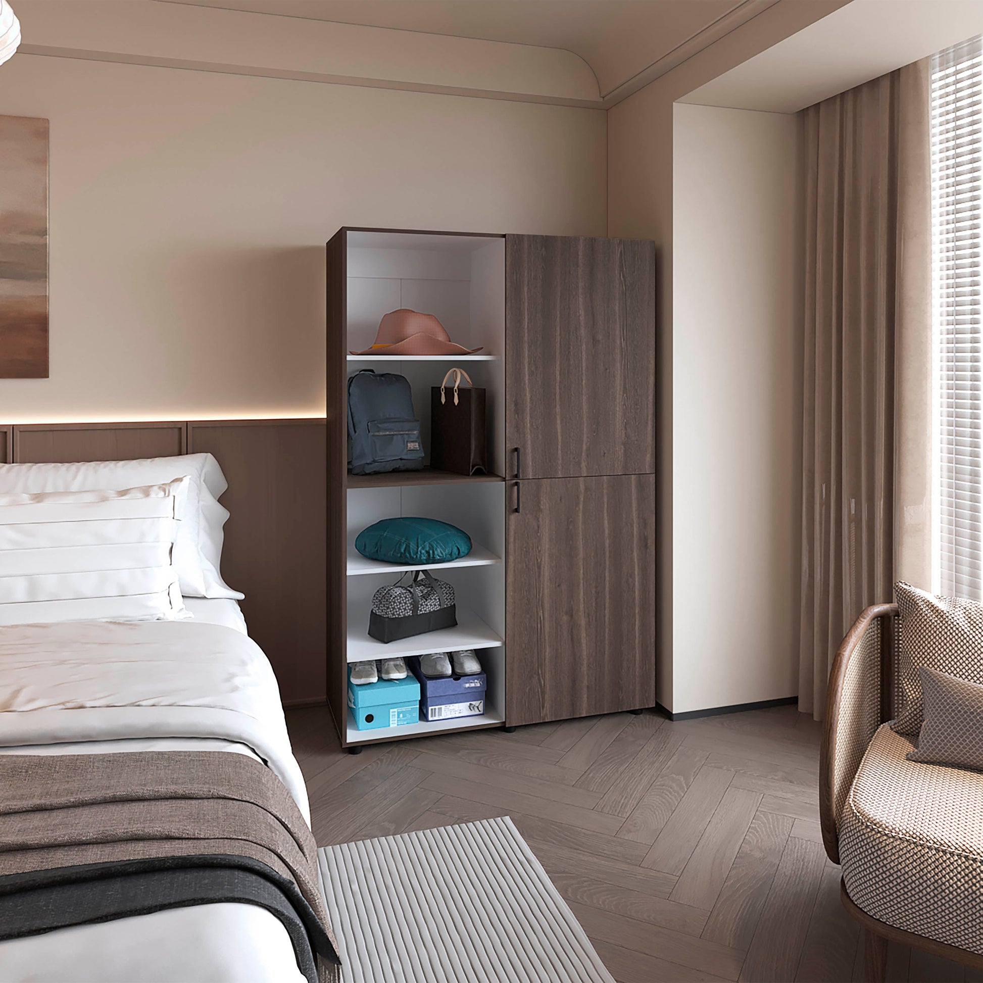 Grey Walnut and White 2-Door Wardrobe with Open Storage
