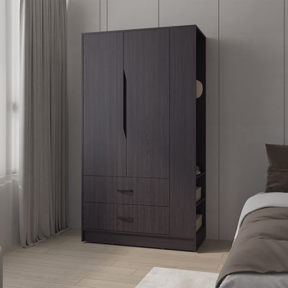 Wenge 3-Door Wardrobe with 1 Drawer, Side Shelf and Hanging Rods