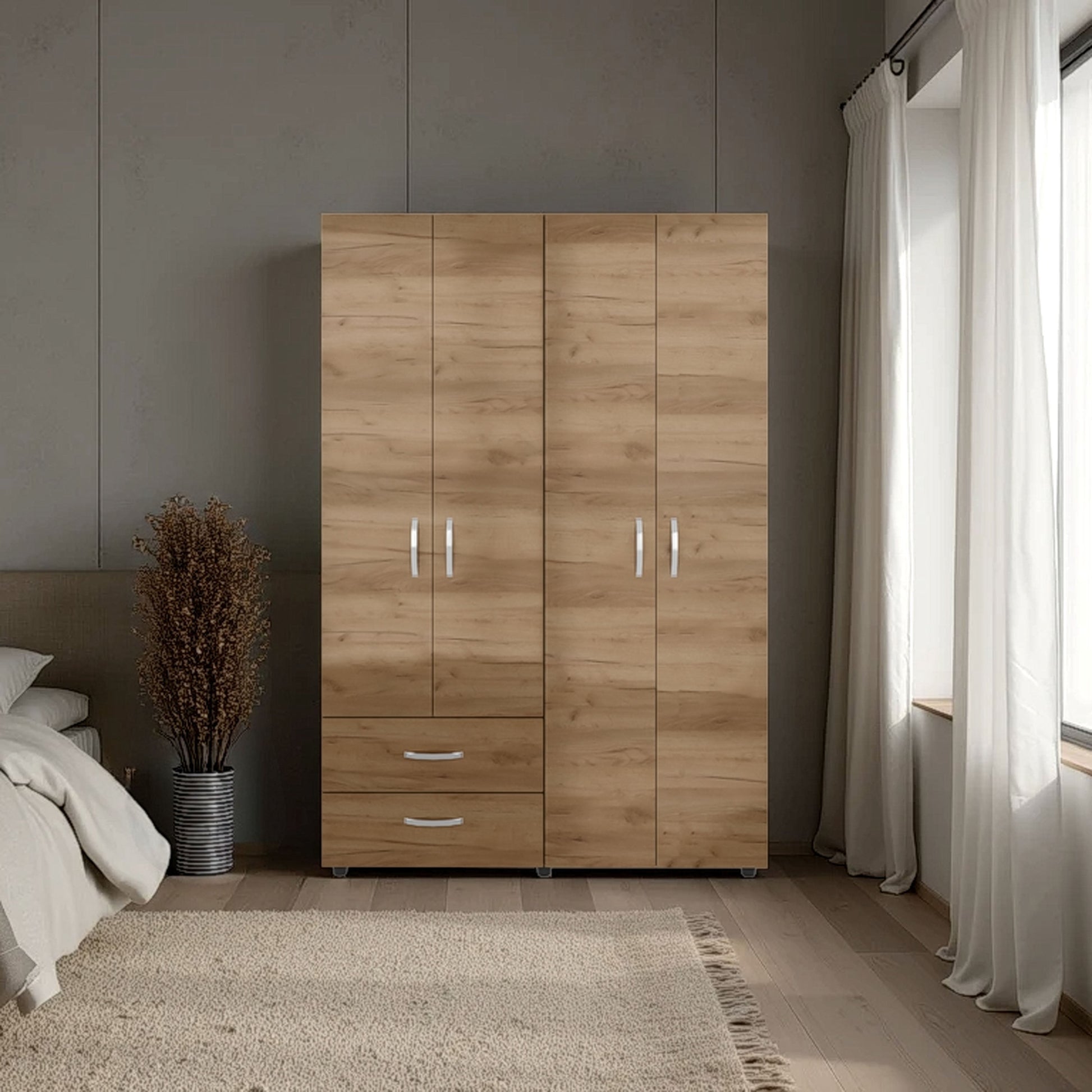 Natural Oak  2-Door Wardrobe with Shelf and Drawers