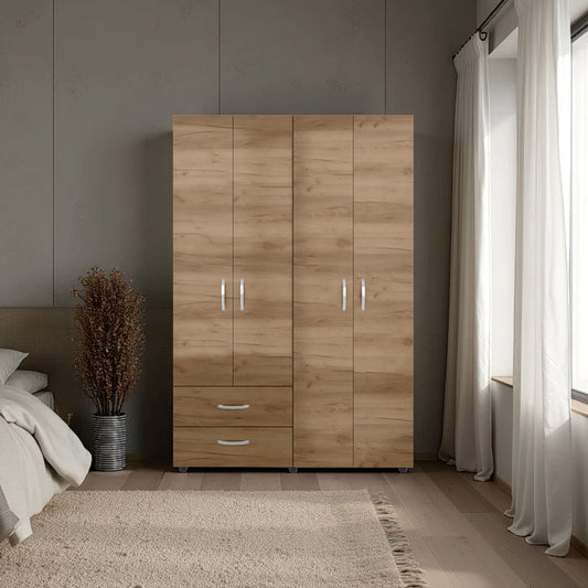 Natural Oak  2-Door Wardrobe with Shelf and Drawers