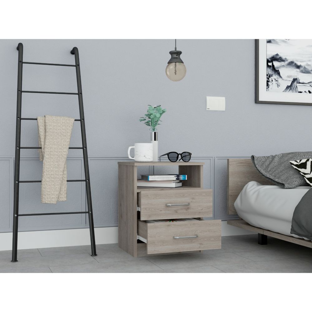 Gray Particle Board Nightstand - 2 Drawers, 1 Shelf for Bedroom