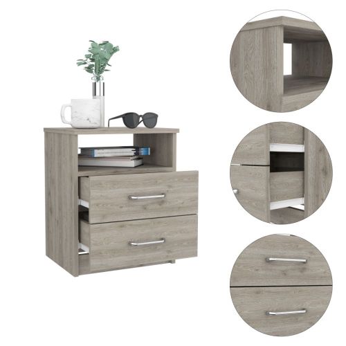 Gray Particle Board Nightstand - 2 Drawers, 1 Shelf for Bedroom
