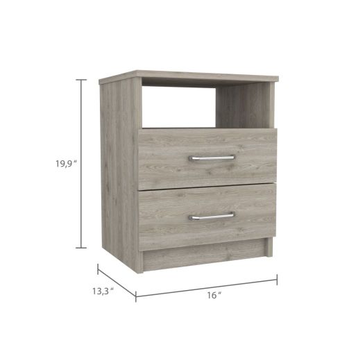 Gray Particle Board Nightstand - 2 Drawers, 1 Shelf for Bedroom