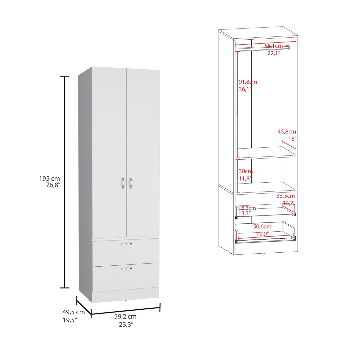 White Bedroom Armoire Wardrobe 76" Tall with Drawers