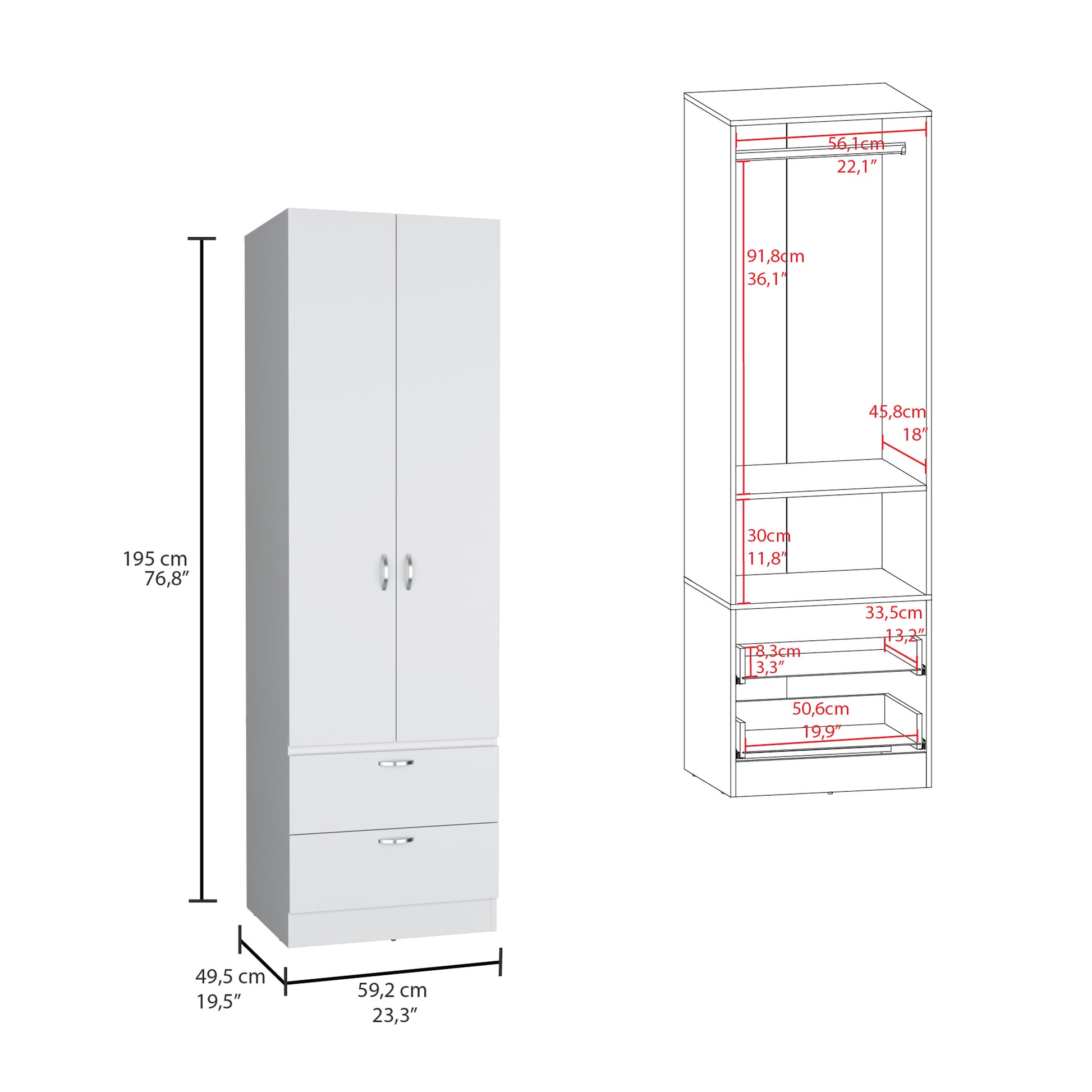 White Bedroom Armoire Wardrobe 76" Tall with Drawers