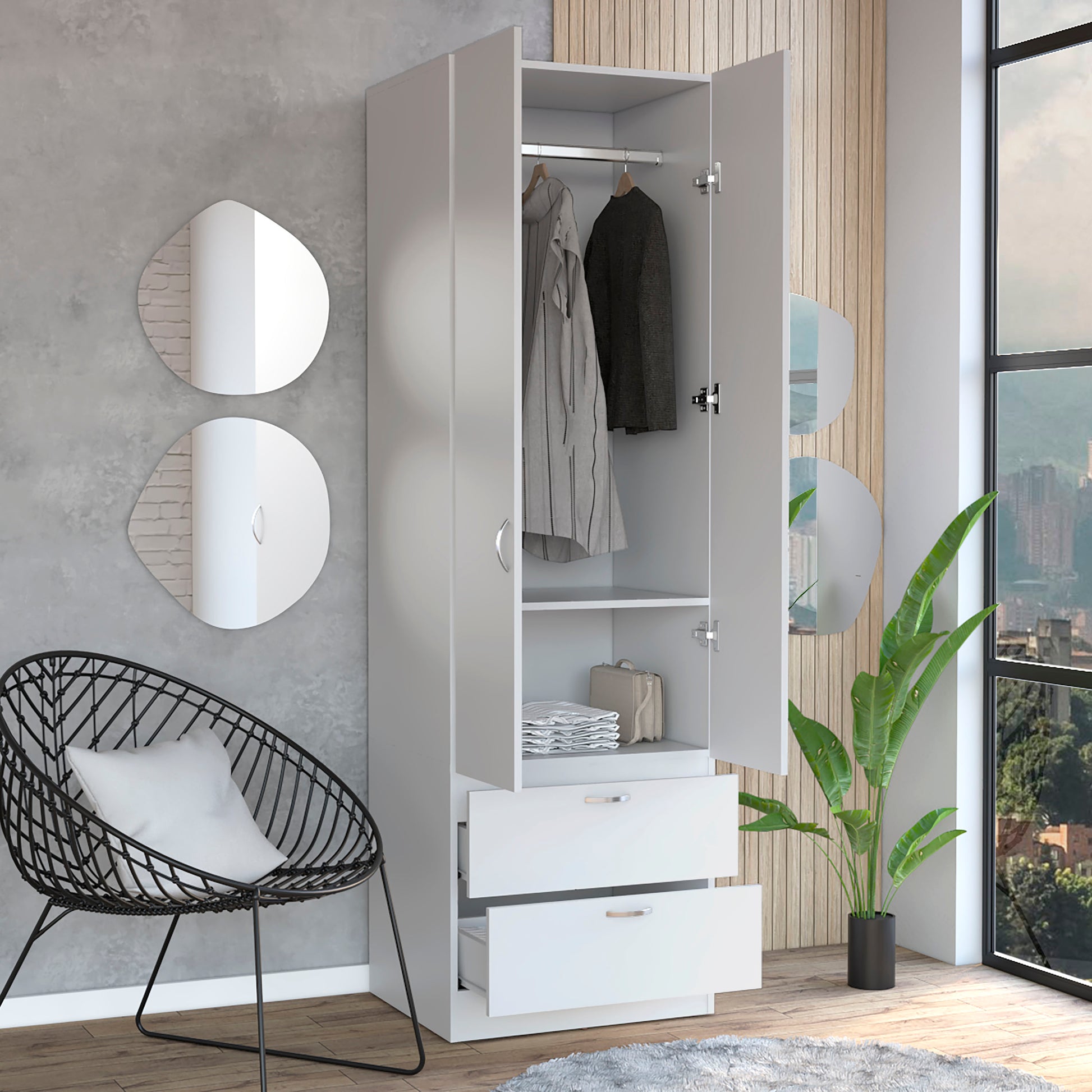 White Bedroom Armoire Wardrobe 76" Tall with Drawers
