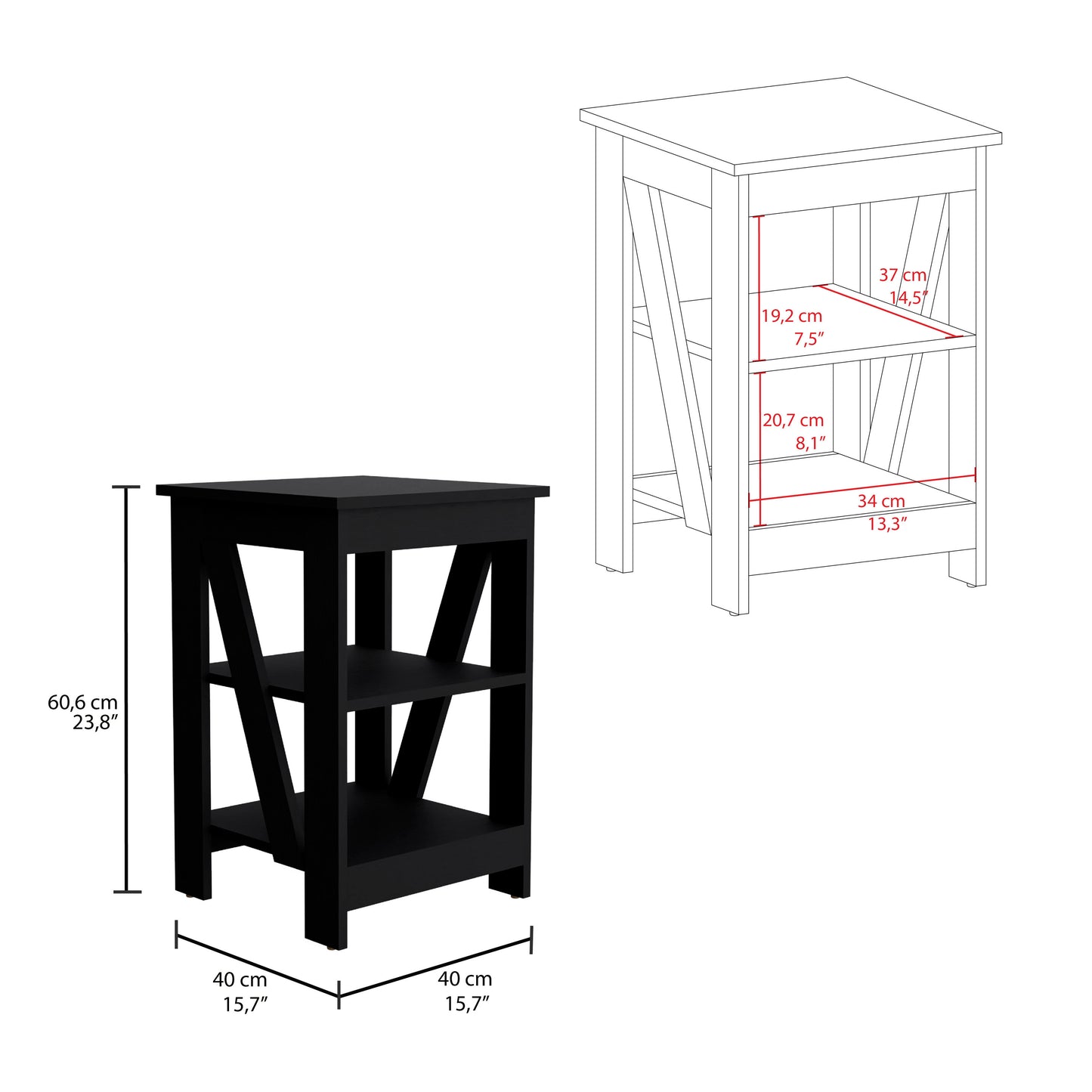 Black Rectangle Nightstand with 3 Shelves - Storage Side Table for Bedroom
