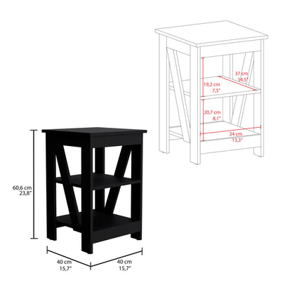 Black Rectangle Nightstand with 3 Shelves - Storage Side Table for Bedroom