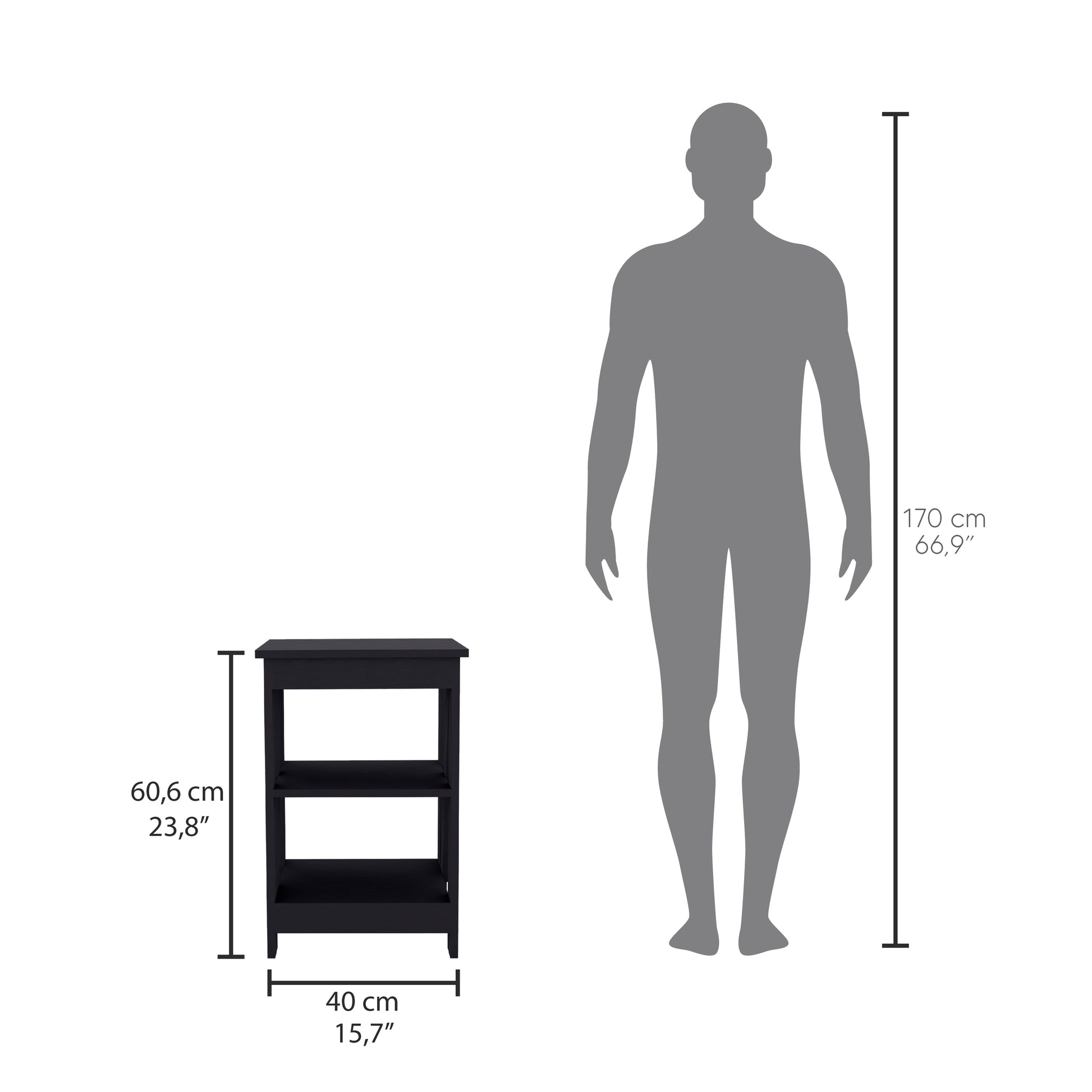 Black Rectangle Nightstand with 3 Shelves - Storage Side Table for Bedroom
