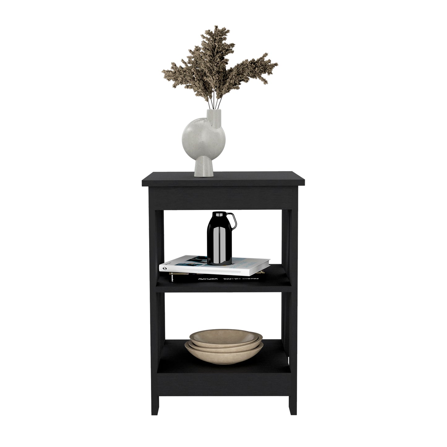Black Rectangle Nightstand with 3 Shelves - Storage Side Table for Bedroom