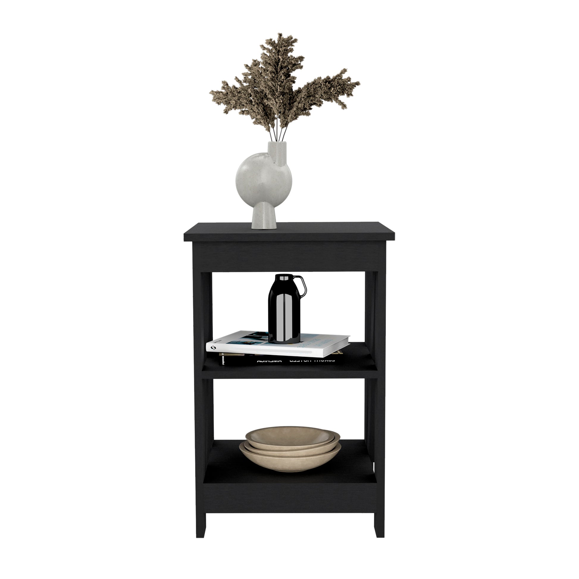 Black Rectangle Nightstand with 3 Shelves - Storage Side Table for Bedroom
