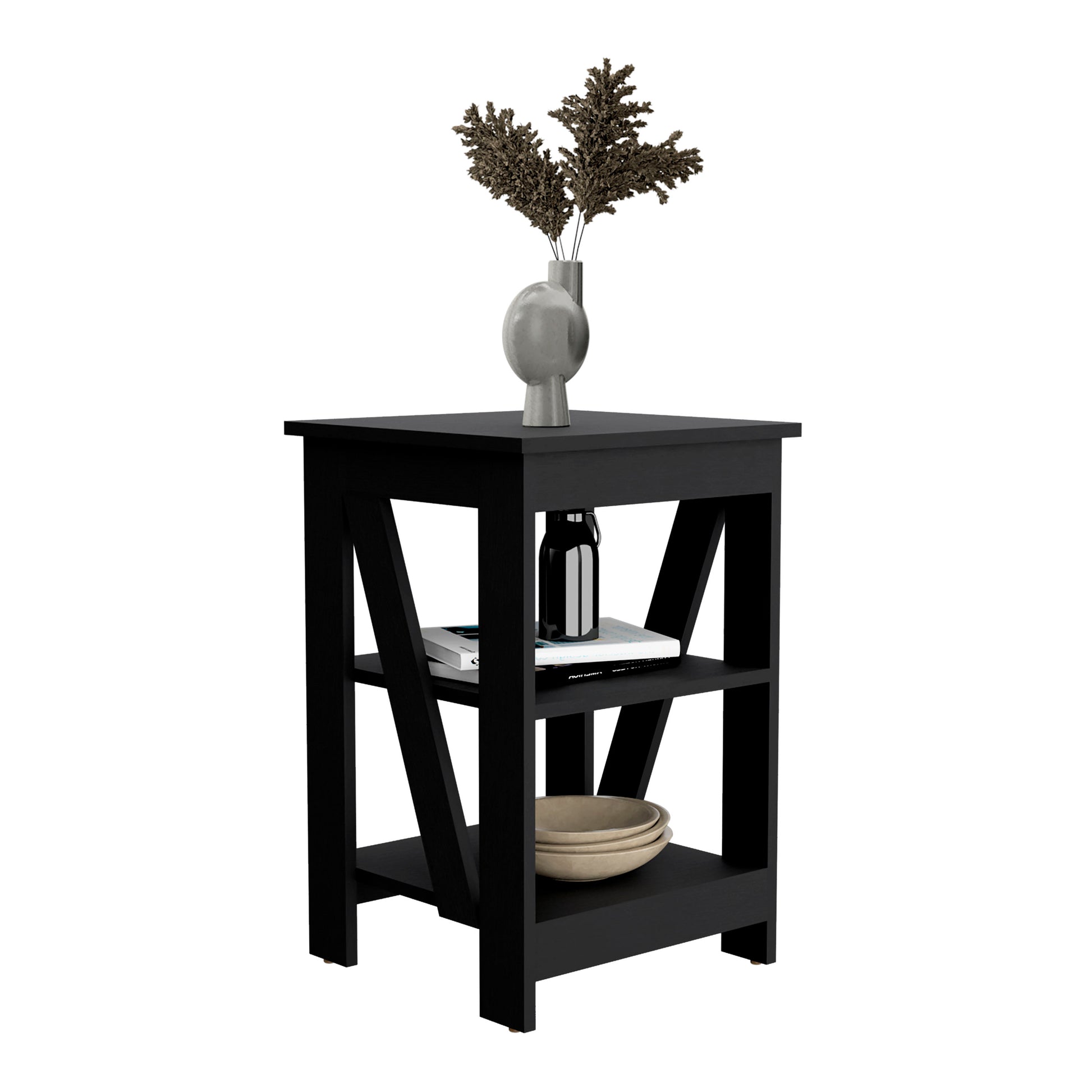 Black Rectangle Nightstand with 3 Shelves - Storage Side Table for Bedroom