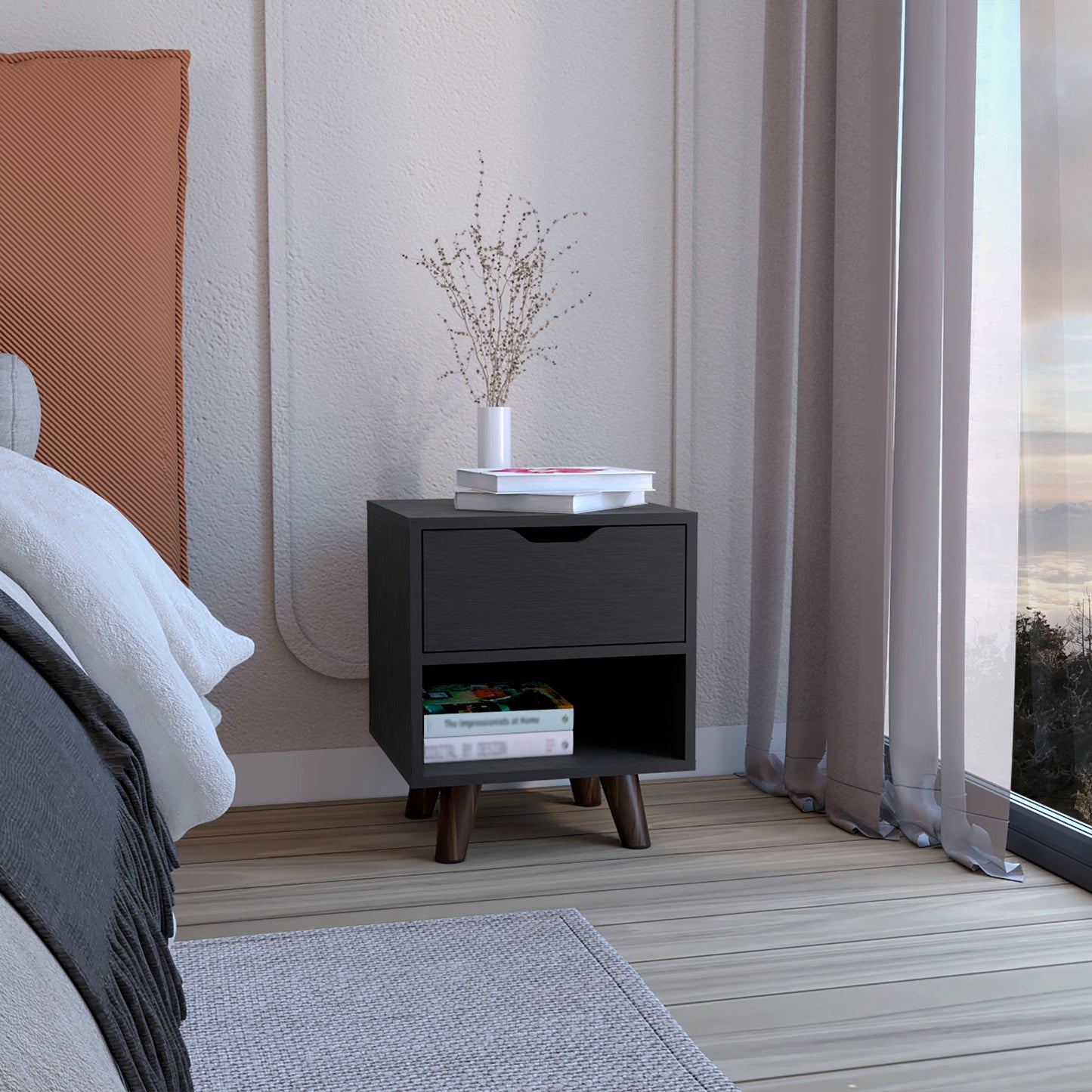 Crail Nightstand with 1 Open Storage Shelf, 1 Drawer and Wooden Legs