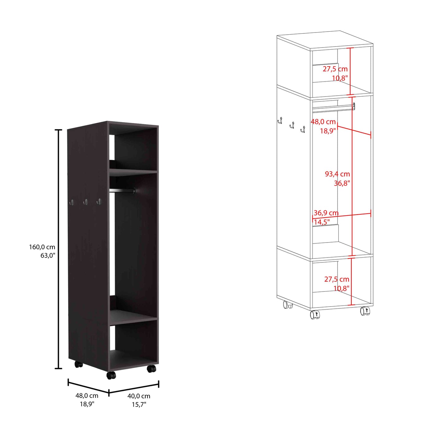 63" Black Wardrobe with Mirror & Shelves - Bedroom Storage