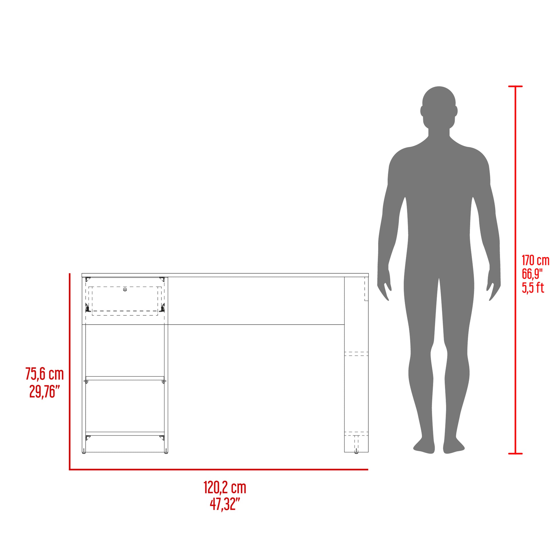 120-Home 47" Wide White Desk - Four Shelves, One Drawer Office Storage