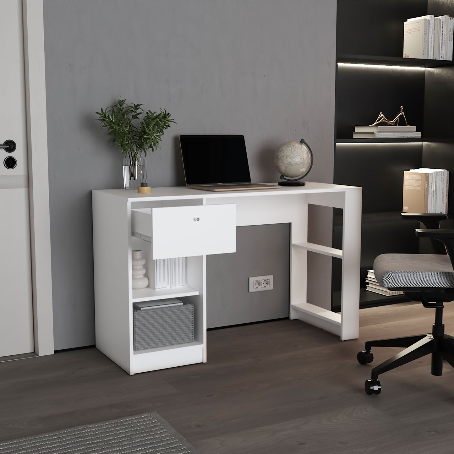 120-Home 47" Wide White Desk - Four Shelves, One Drawer Office Storage