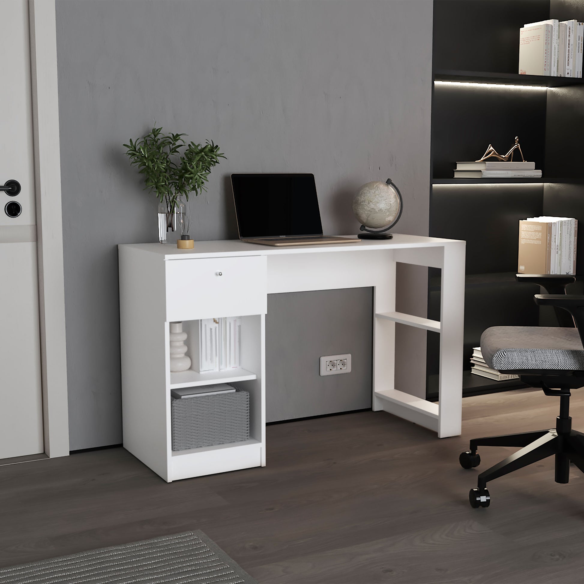 120-Home  47" Wide One Drawer Desk , Four Shelves, Writting Desk, Gamer Desk, Home Office, Living Room White