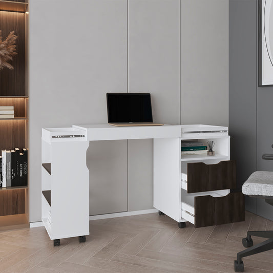 San Diego 54" Wide Two Drawer Expandable Desk  with Seven Shelves and Casters White - Dark Walnut
