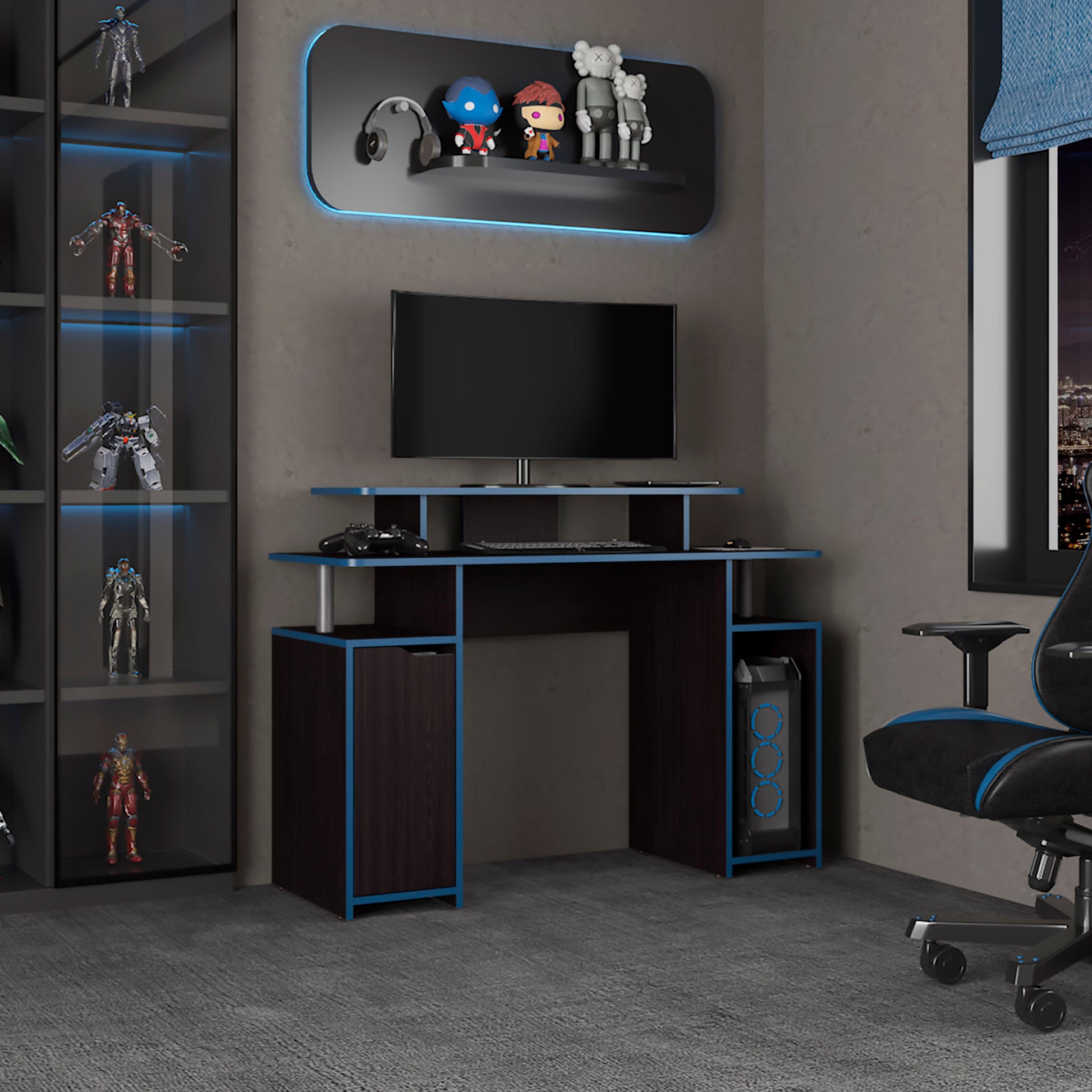 Keria 47" Wide 2-Tier Gamer Desk With Three Shelves And PC Tower Stand, Black