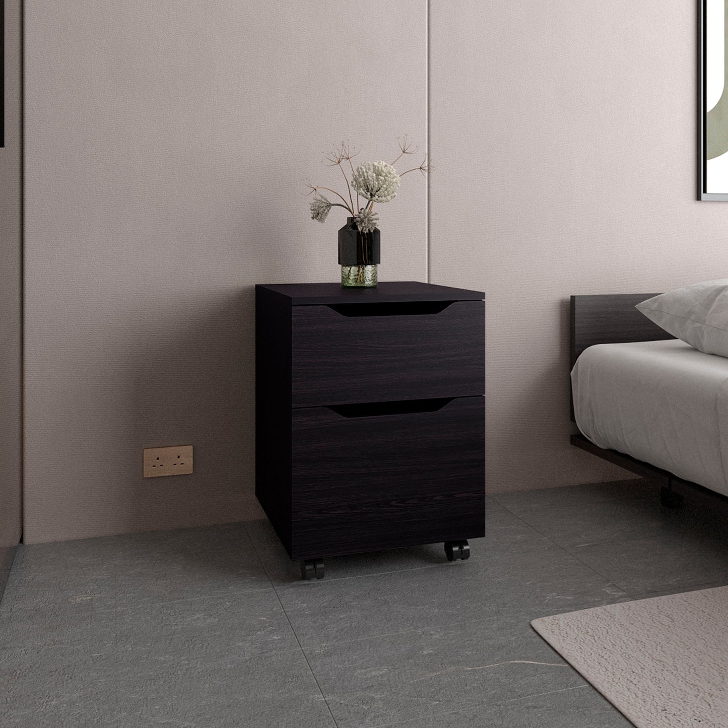 Ethan Open Shelves Nightstand With One Door, Modern Bedside Table For Bedroom Storage, Black
