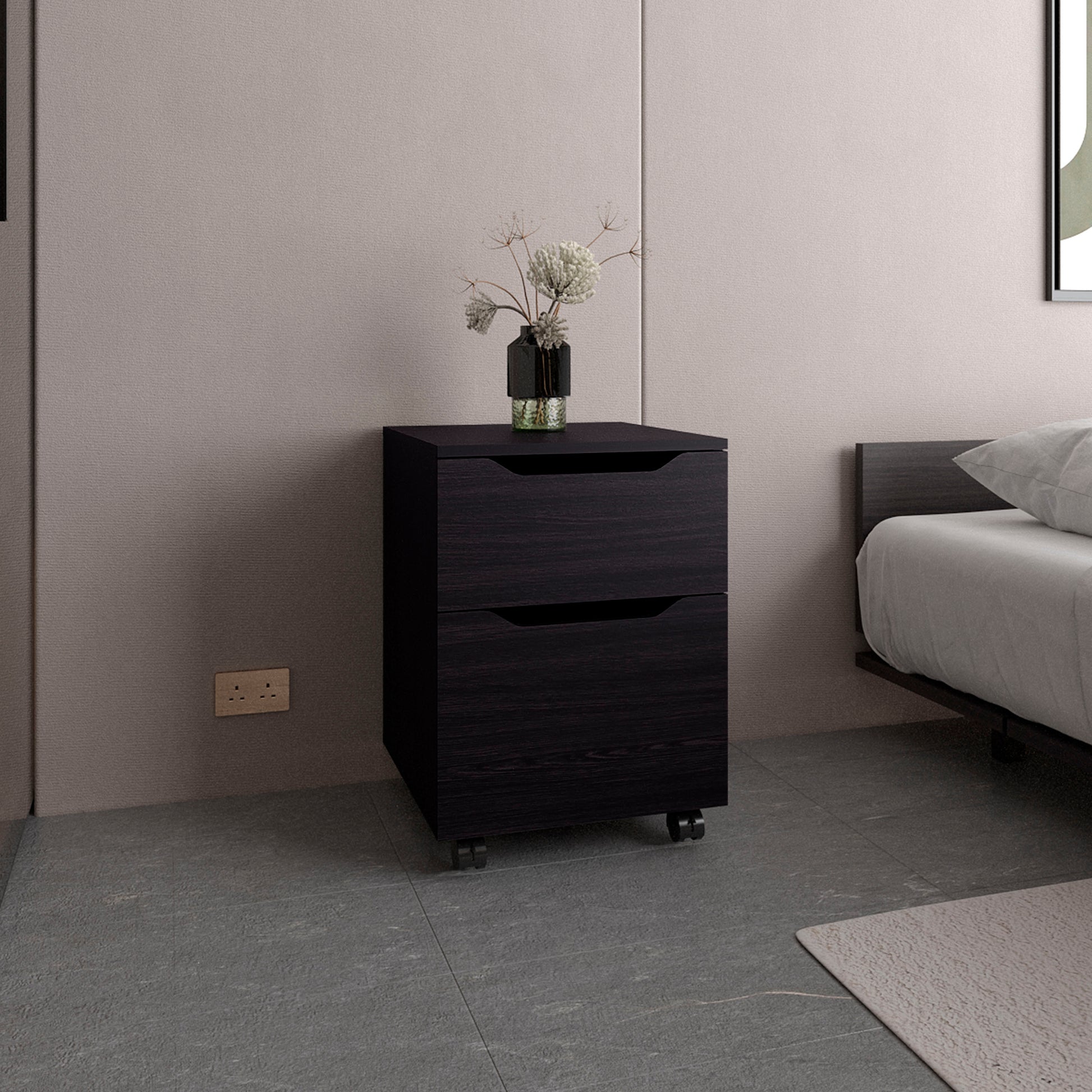Ethan Open Shelves Nightstand With One Door, Modern Bedside Table For Bedroom Storage, Black