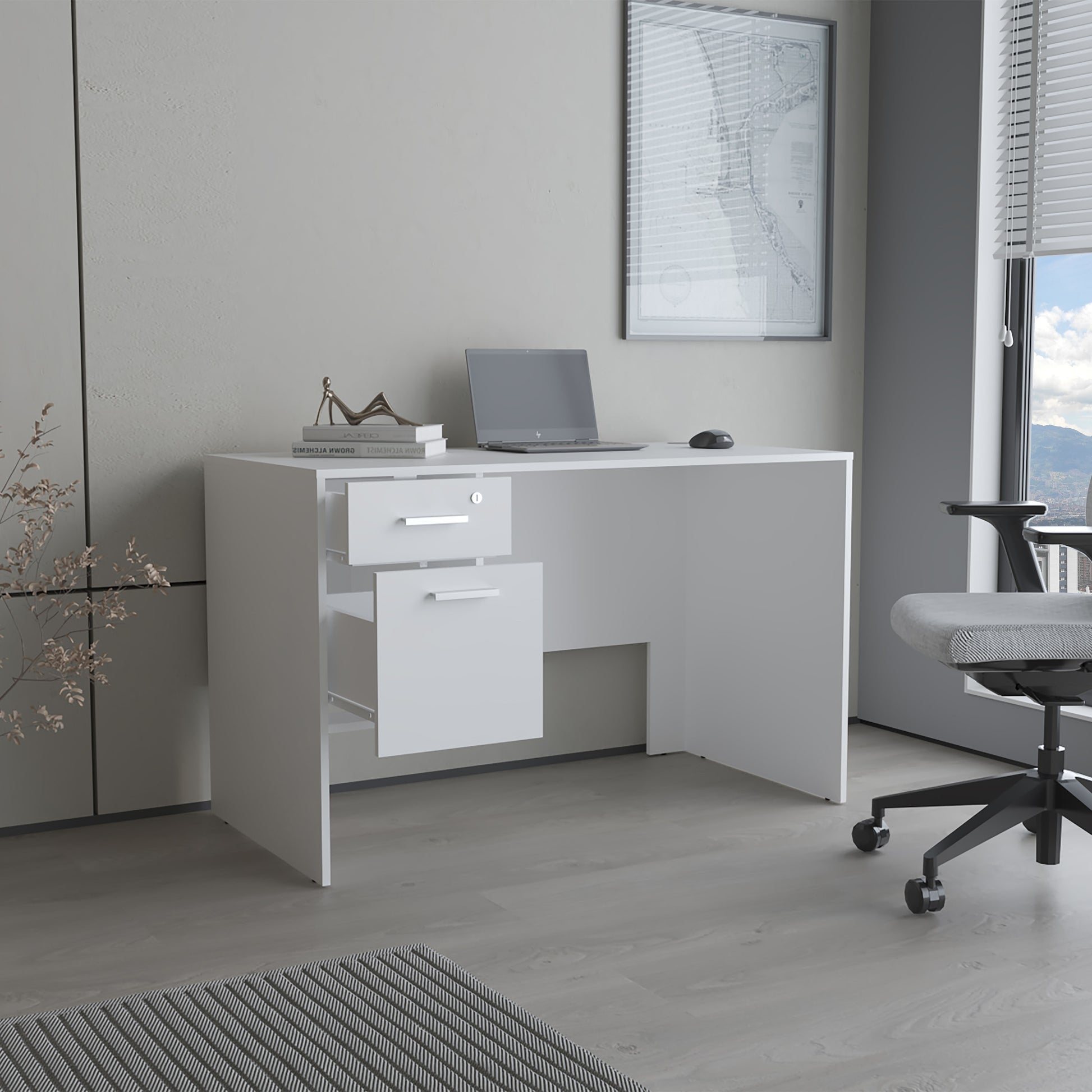 White Modern Office Desk with Storage Drawers for Home Office