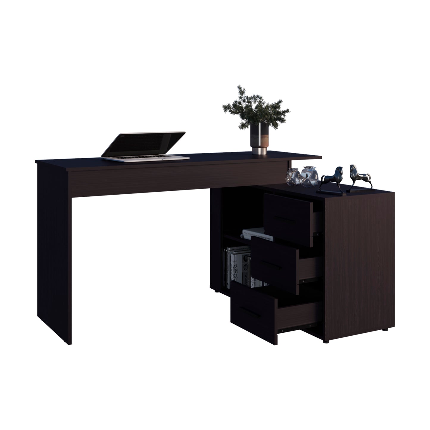 Modern L-Shape Office Desk in Black Particle Board for Workspace
