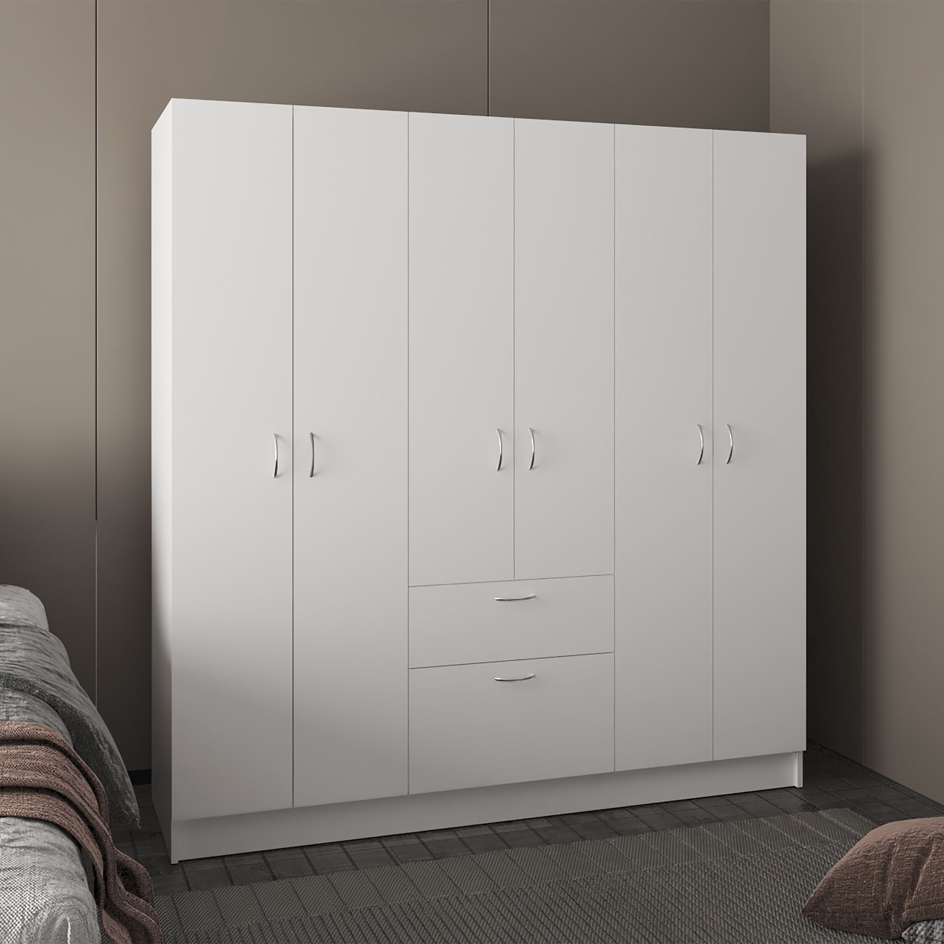 Mitu Six Doors Armoire, Seven Interior Shelves, One Drawer, Rod White