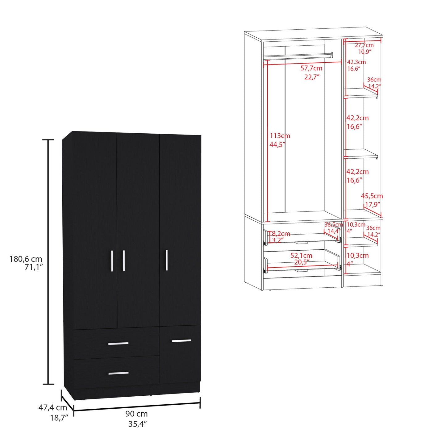 Black 71" Bedroom Armoire Wardrobe Closet with Drawers