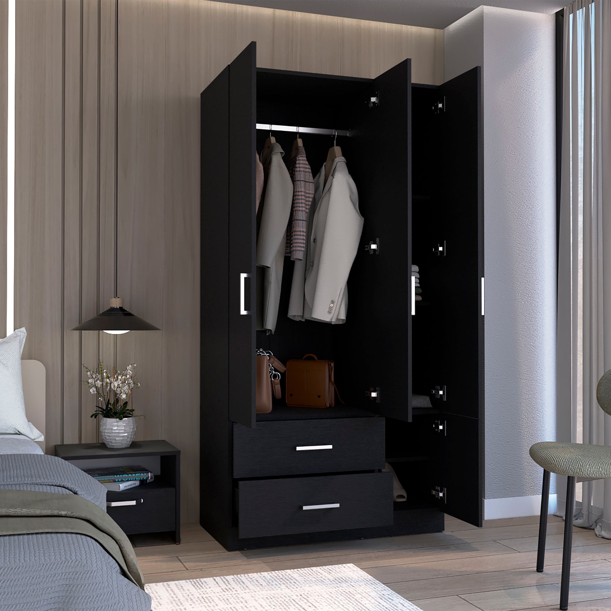 Black 71" Bedroom Armoire Wardrobe Closet with Drawers