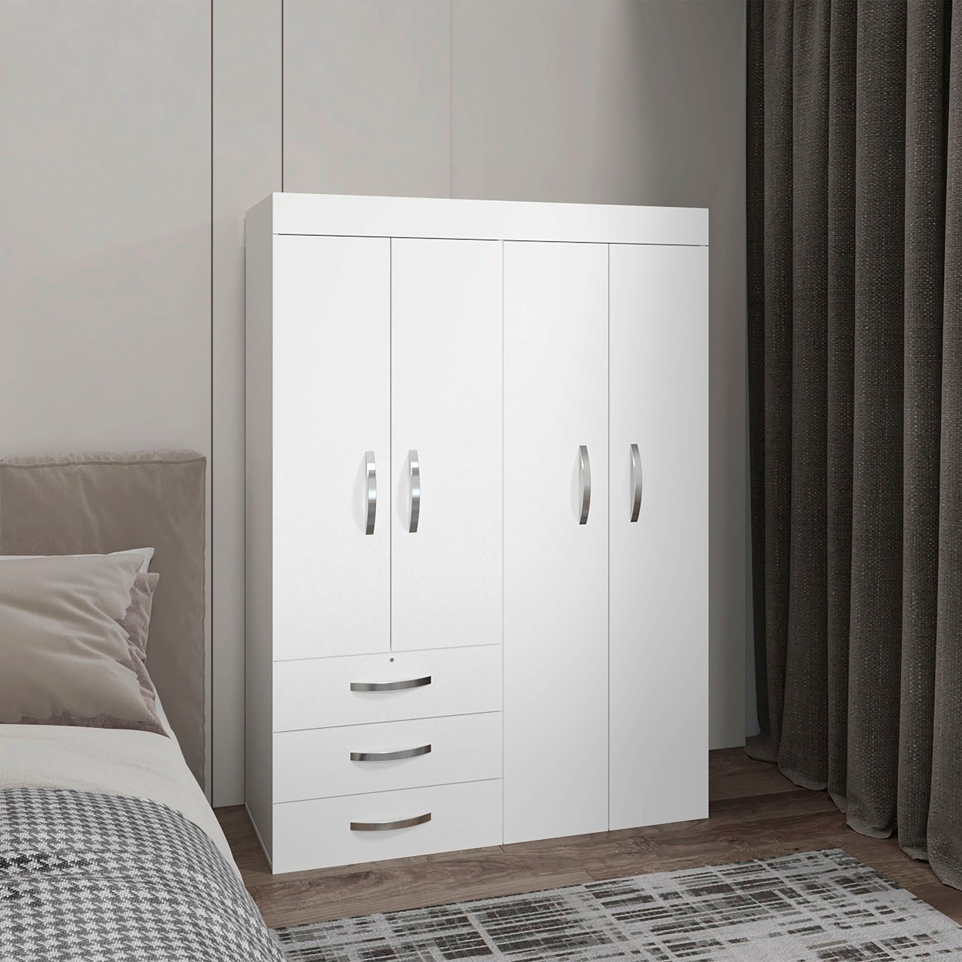 Denver Adjustable Armoire, Rods, Double Door Cabinet, Three Drawers, Two Shelves White