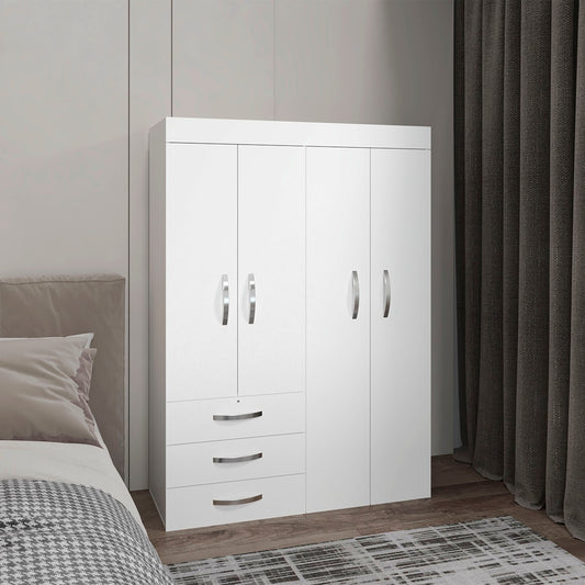 Denver Adjustable Armoire, Rods, Double Door Cabinet, Three Drawers, Two Shelves White