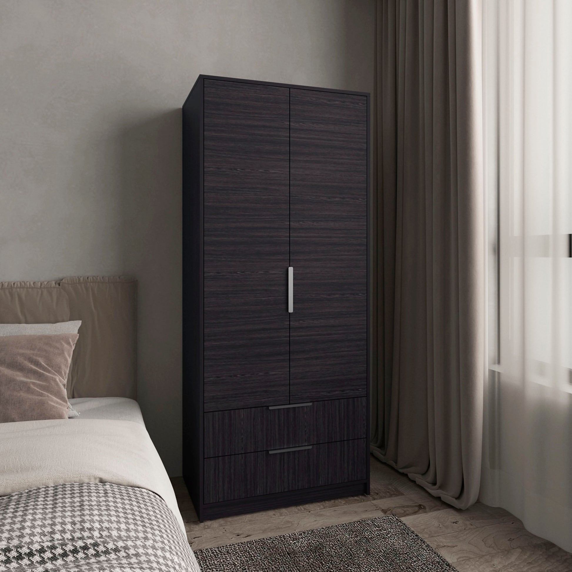 Wenden Armoire Double Doors, Two Drawes, Hanging Rod An Interior Shleves, Wardrobe, Black