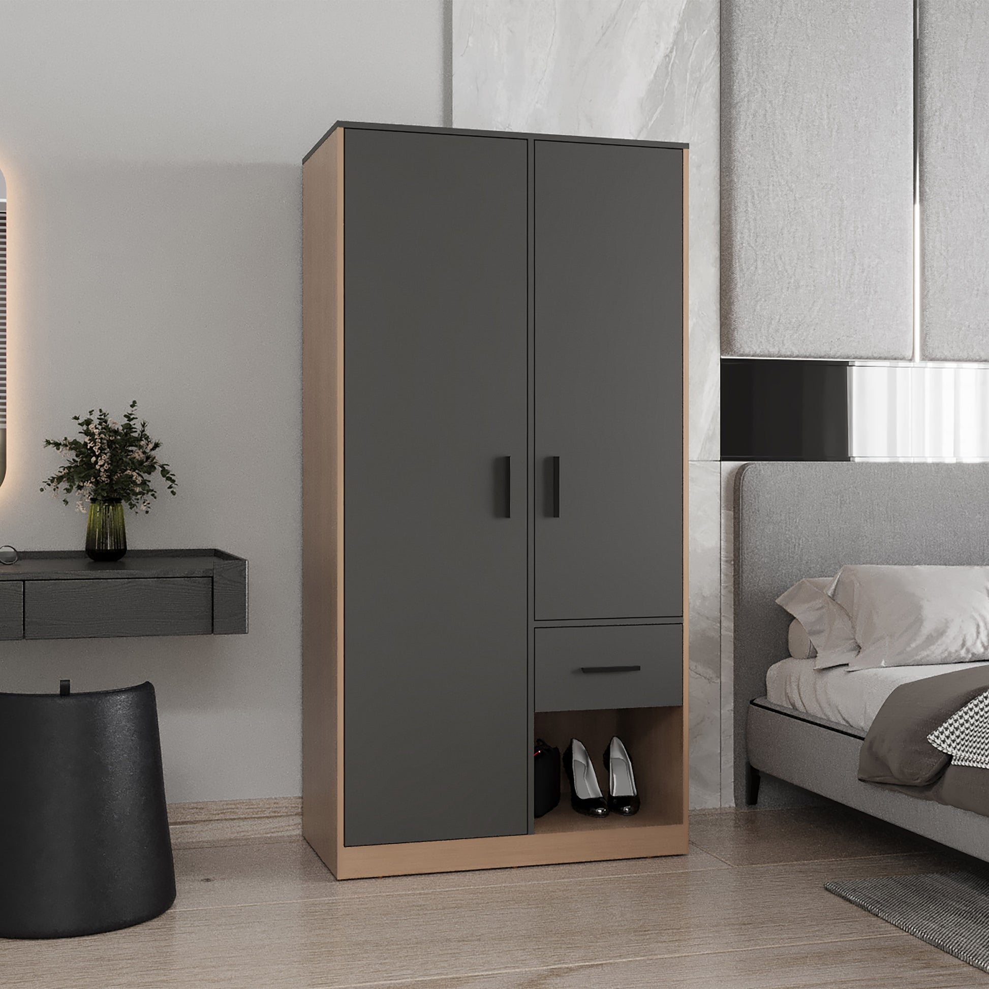 Alder 2-Door One Drawer Amoire With 2 Cabinets, Two Hanging Rods And Four Shelves In Matt Gray And Natural Oak