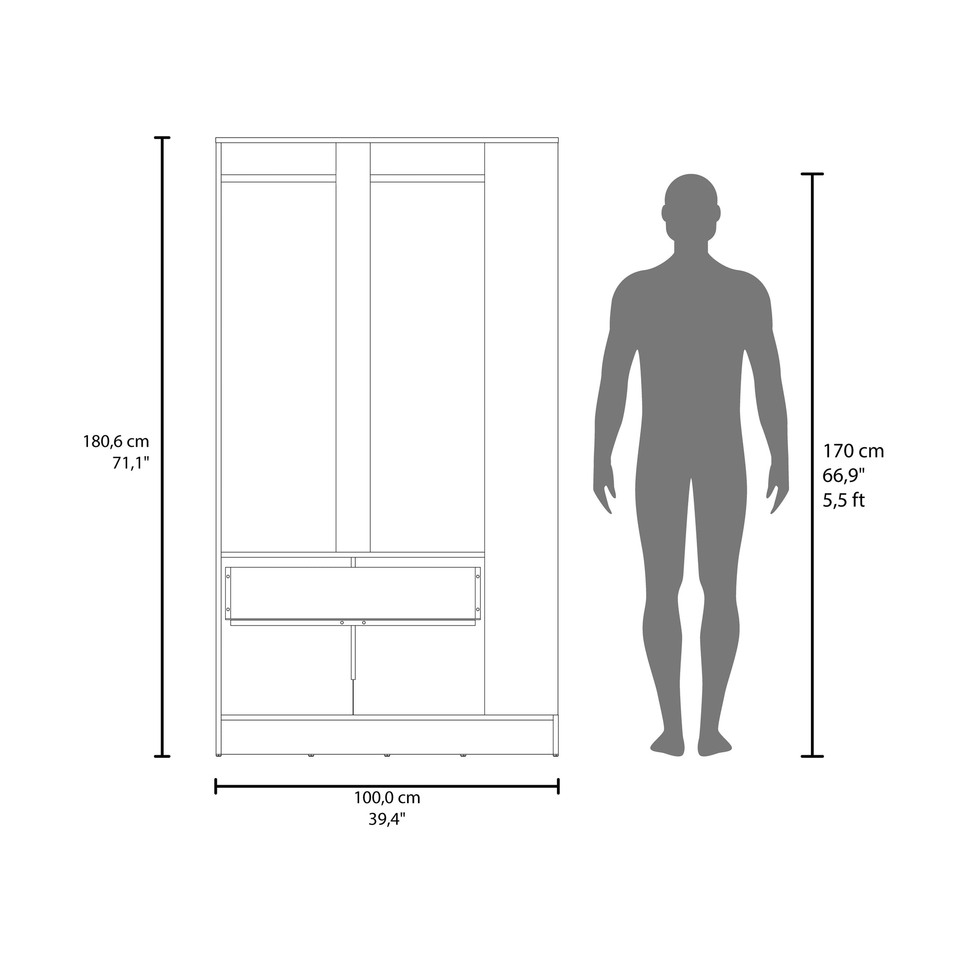 Black Dakota Armoire - Freestanding Wardrobe with Hanging Rod & Shelves for Bedroom