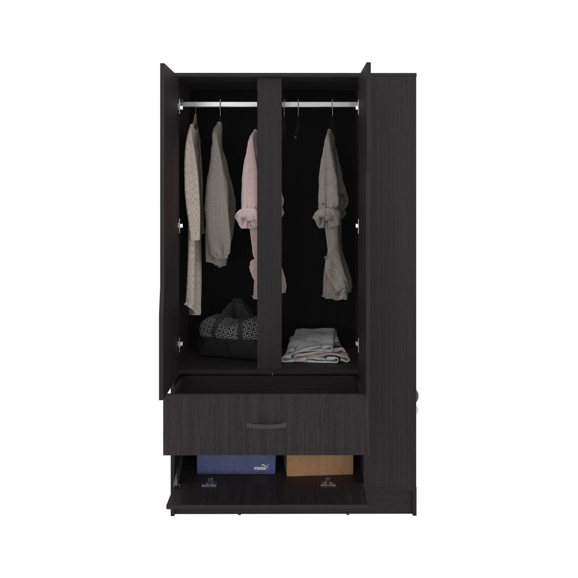 Black Dakota Armoire - Freestanding Wardrobe with Hanging Rod & Shelves for Bedroom
